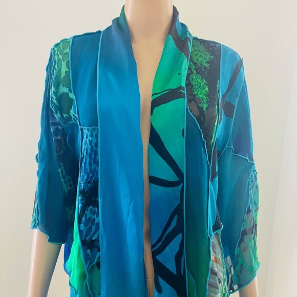SIMPLY Silk  100% Silk  Airy Semi Sheer Patchwork Kimono Jacket Top Size Large - Picture 1 of 9